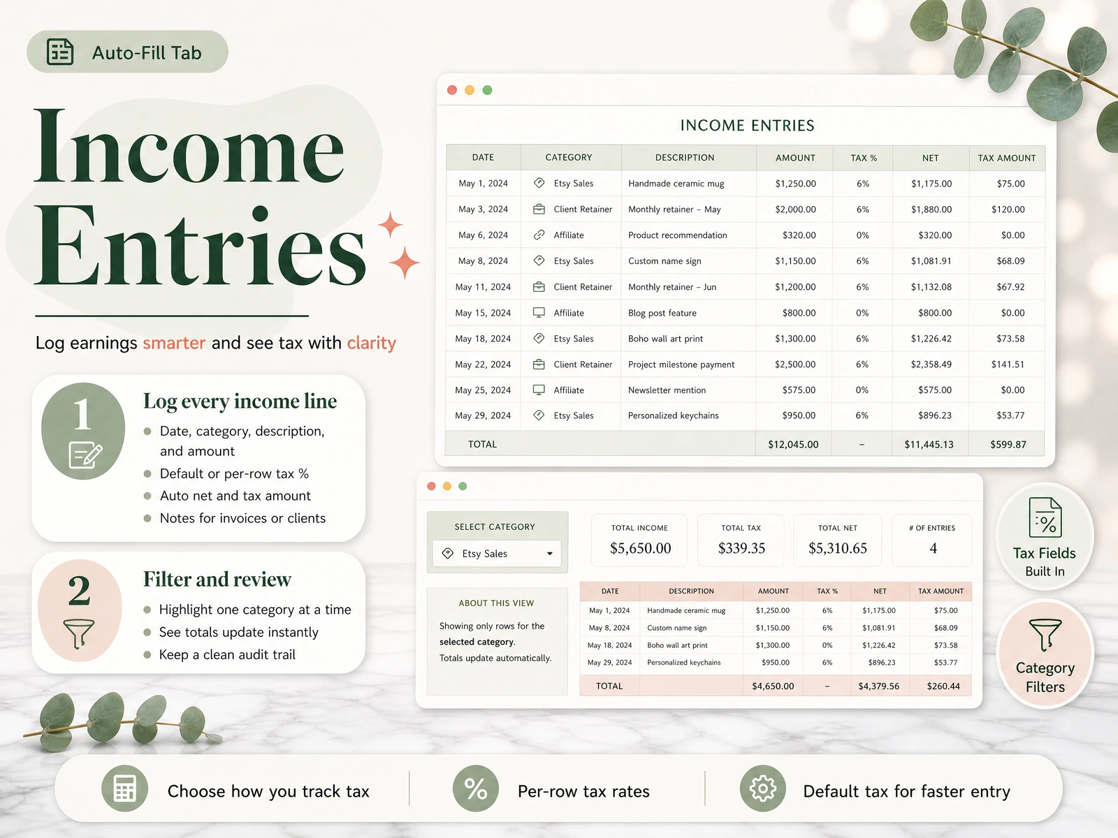 Income Entries tab of the Easy Bookkeeping Sheet with date, category, amount and tax on each row (capture of the real workbook)