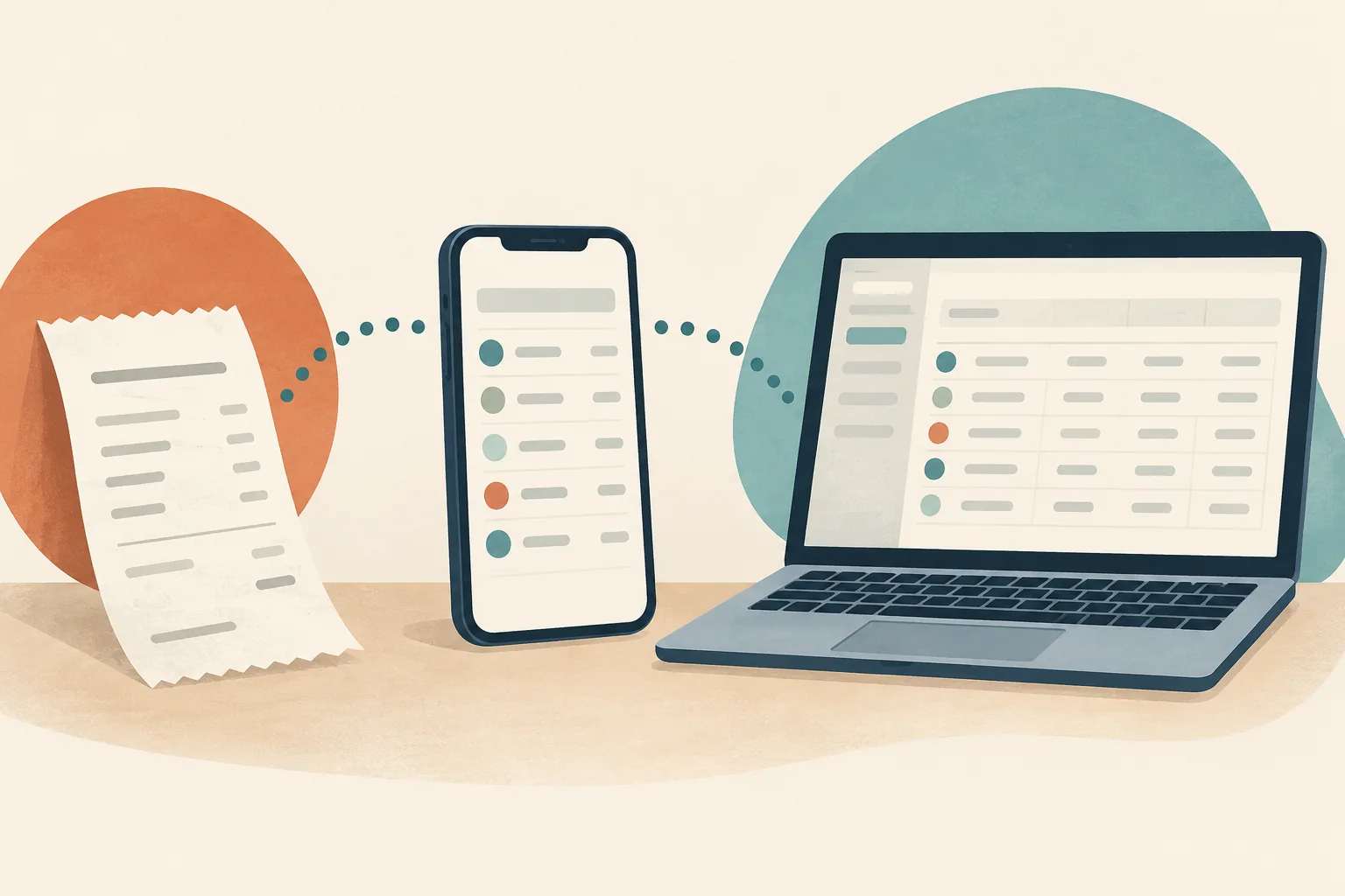 A sale receipt, phone, and laptop suggest a path from purchase record to bookkeeping entry.