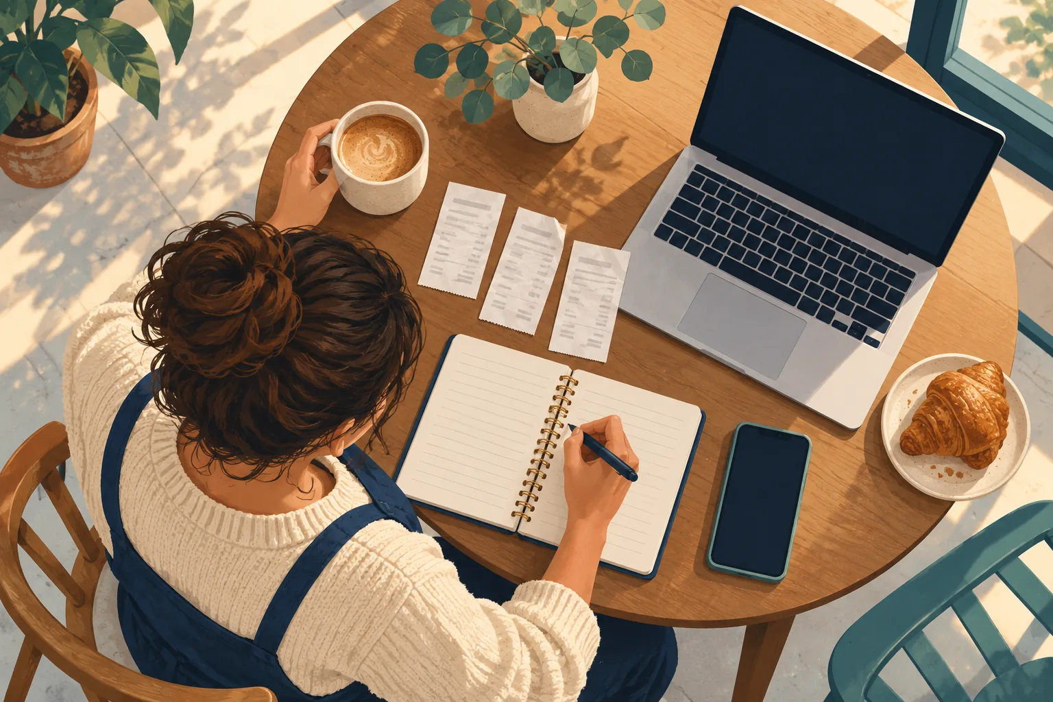 A small business owner reviews receipts and a bookkeeping log at a cafe table.