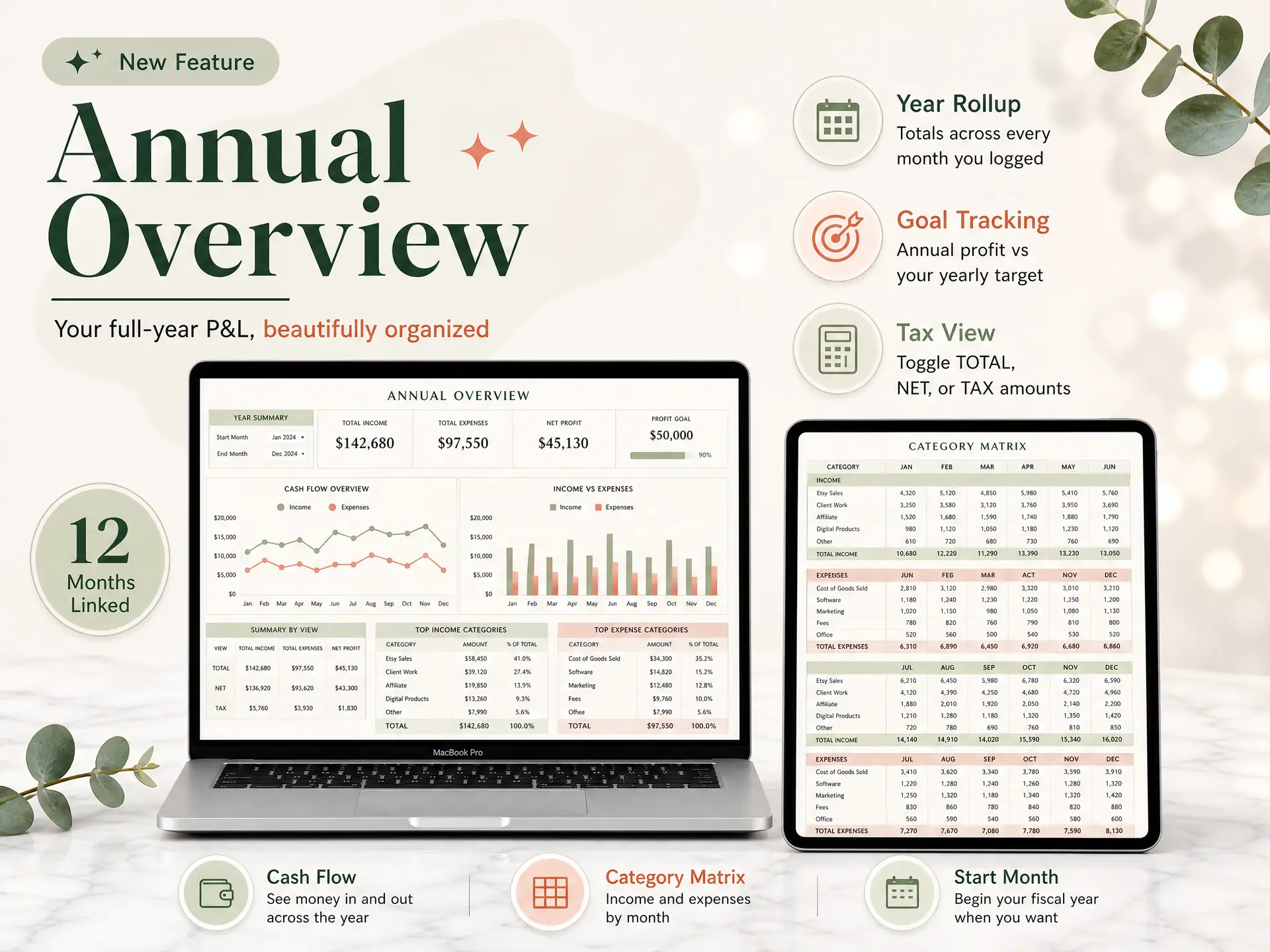 Annual Overview tab showing yearly income and expense categories