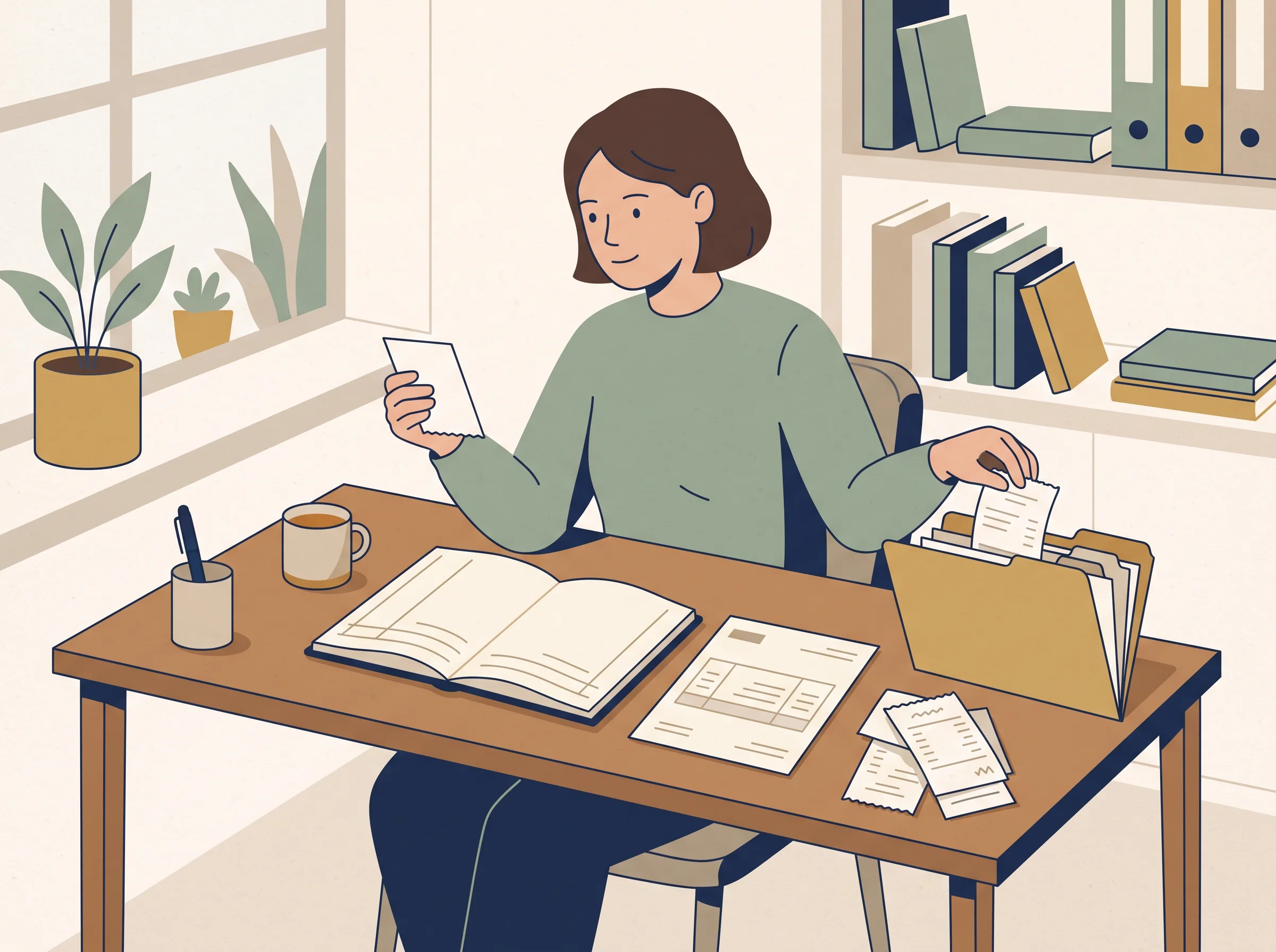AI-generated illustration of a small business owner matching receipts to a monthly ledger