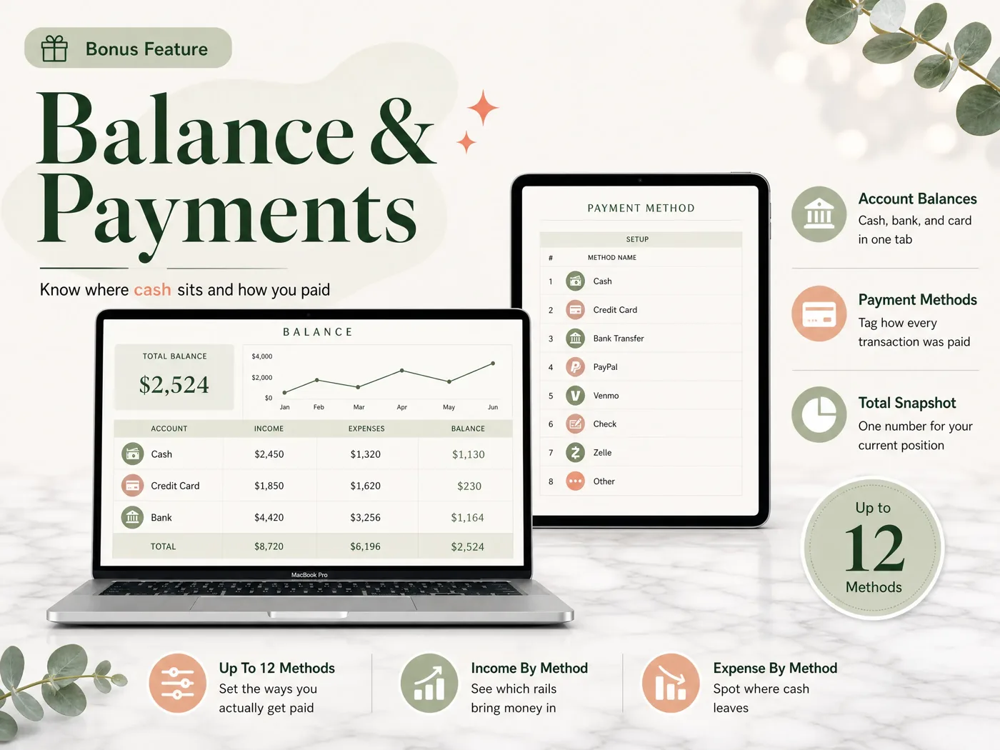 Balance and payment method tab: cash, credit card and bank balances, and up to 12 payment methods to tag each transaction (sample data)