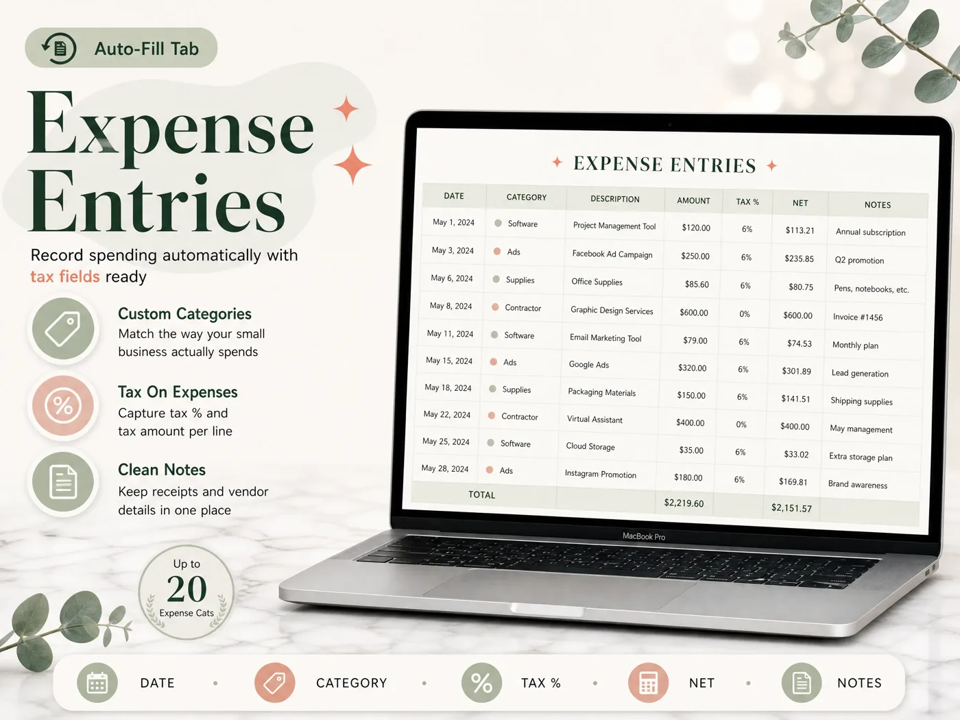 Expense entries tab in a bookkeeping spreadsheet: date, category, amount, tax % and tax amount on every line, with notes for receipts (sample data)