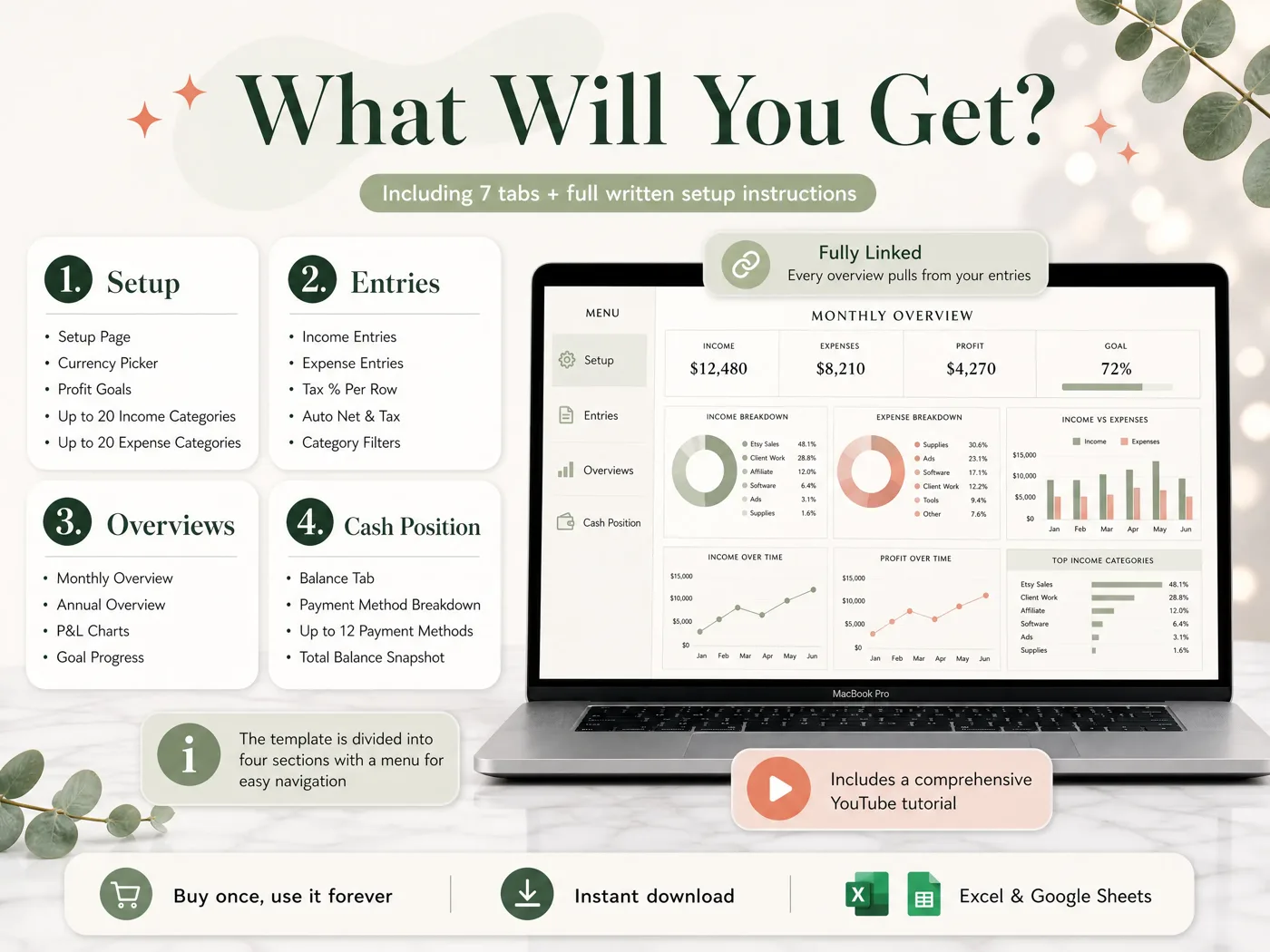 What is in the Easy Bookkeeping Sheet: setup, entries, monthly and annual overviews and the cash position tabs, for Excel and Google Sheets (sample data)