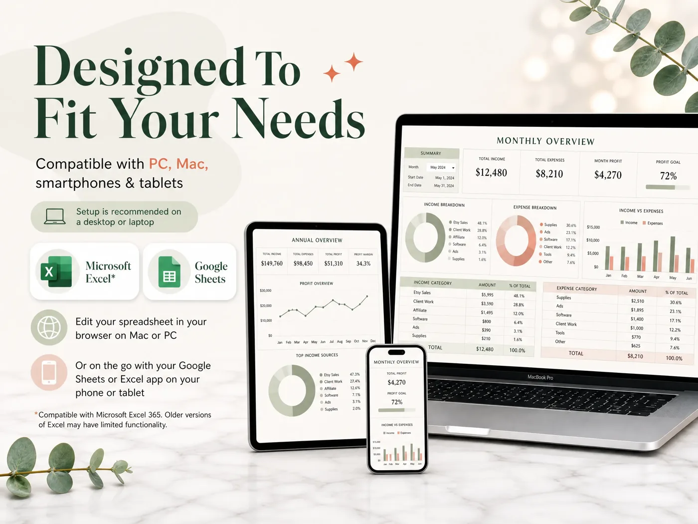 The Easy Bookkeeping Sheet in Excel and Google Sheets on a laptop, tablet and phone, with the monthly and annual overviews (sample data)