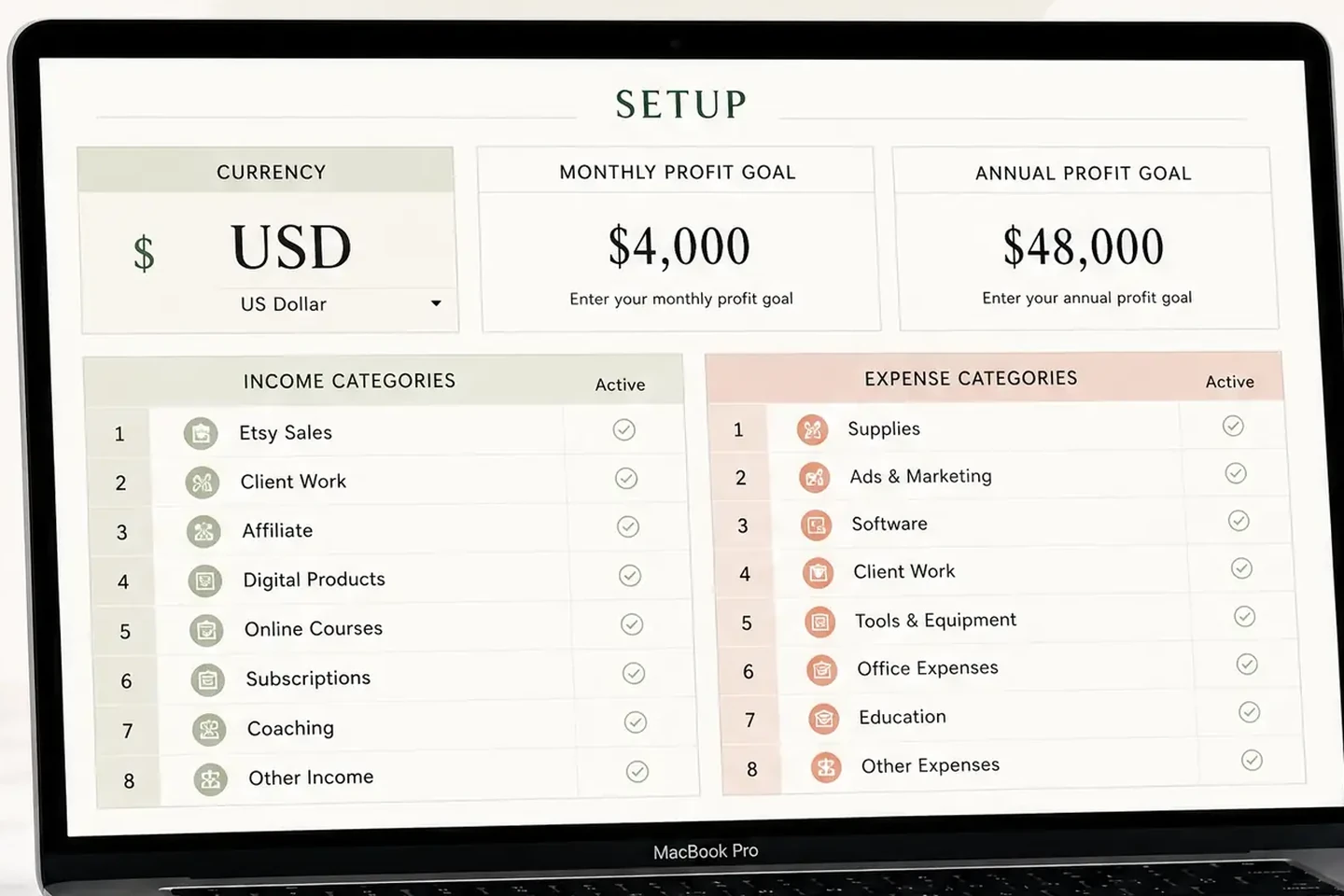 Setup tab of the Easy Bookkeeping Sheet where categories, currency and profit goals are set once (capture of the real workbook)